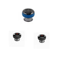 Set of three black and blue knobs on a white background