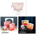 Silicone food packaging bags with measurements and uses on a white background