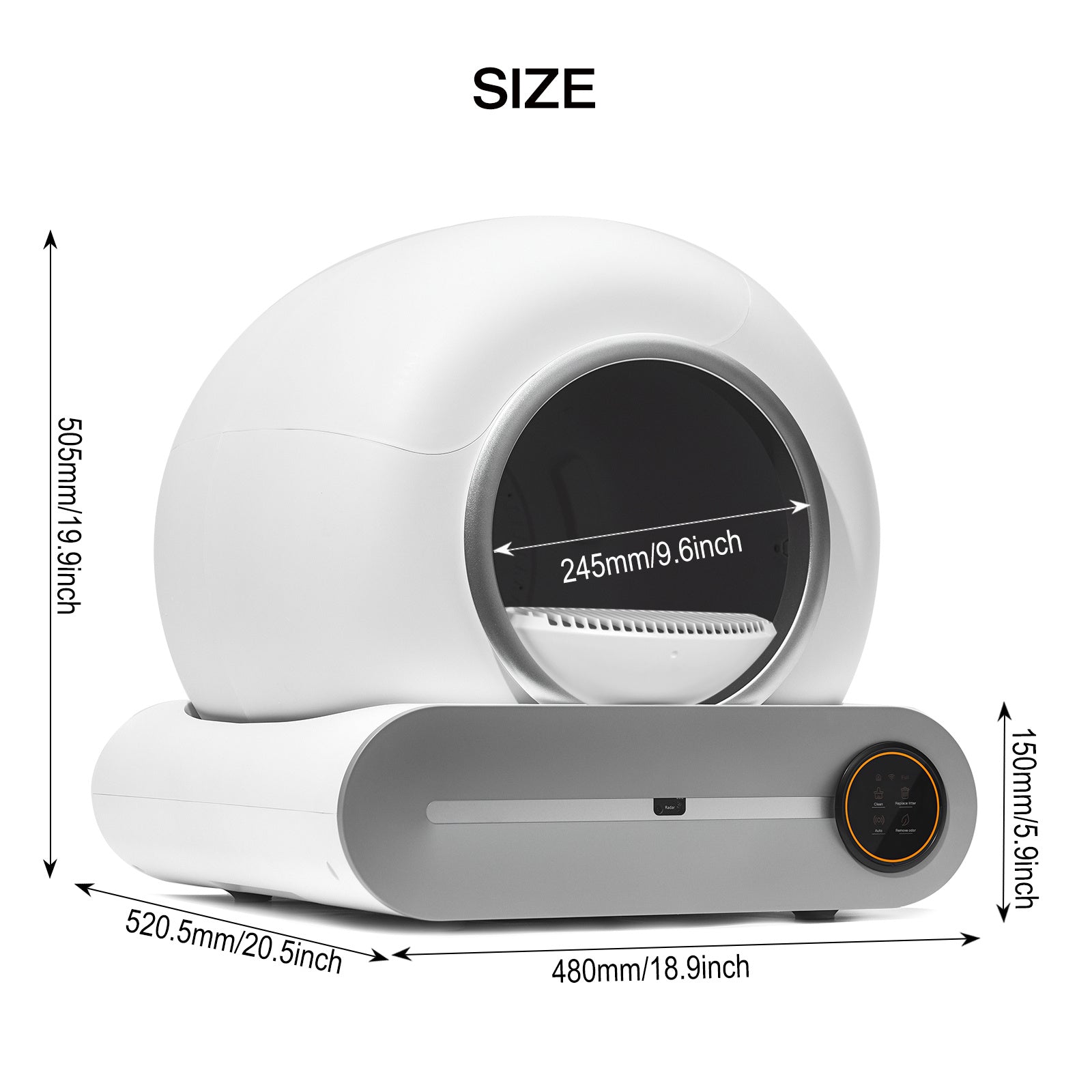 Compact Size Description of Self-cleaning automatic cat litter box with app control, odor removal, and safety sensors for multiple cats