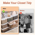Before and after comparison of a closet with storage solutions and a dog