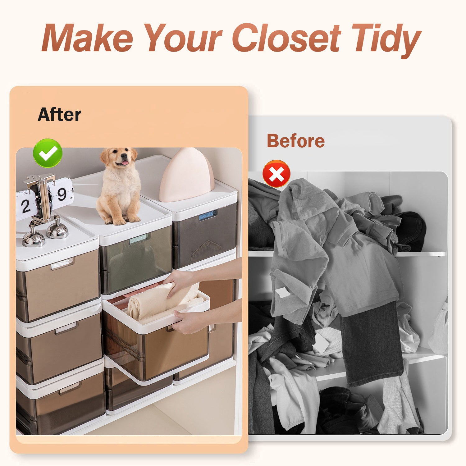 Before and after comparison of a closet with storage solutions and a dog