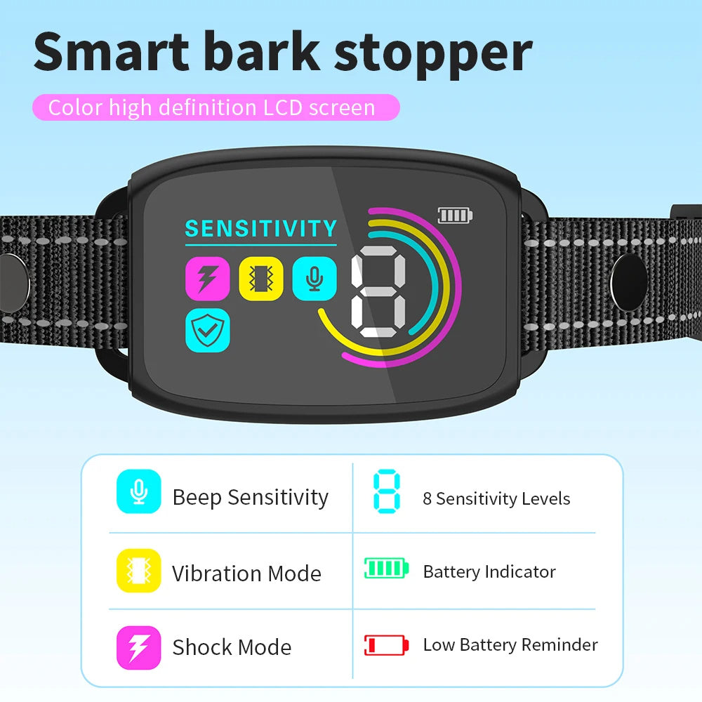 Smart Dog Bark Collar with AI Detection – Anti-Bark Training Collar with Beep, Vibration & Shock, 8-Level Sensitivity, LCD Display, Waterproof & USB Rechargeable – For Small, Medium & Large Dogs