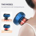 Blue massage device on a person's shoulder with text about two modes