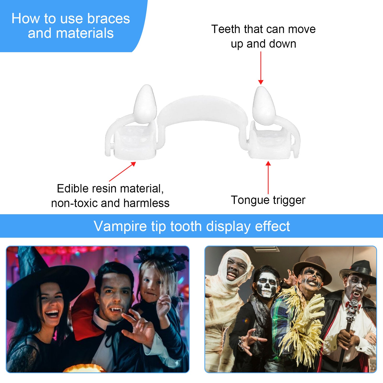 Vampire teeth cosplay prop with retractable design