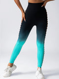 Black and blue gradient leggings worn by a person on a white background