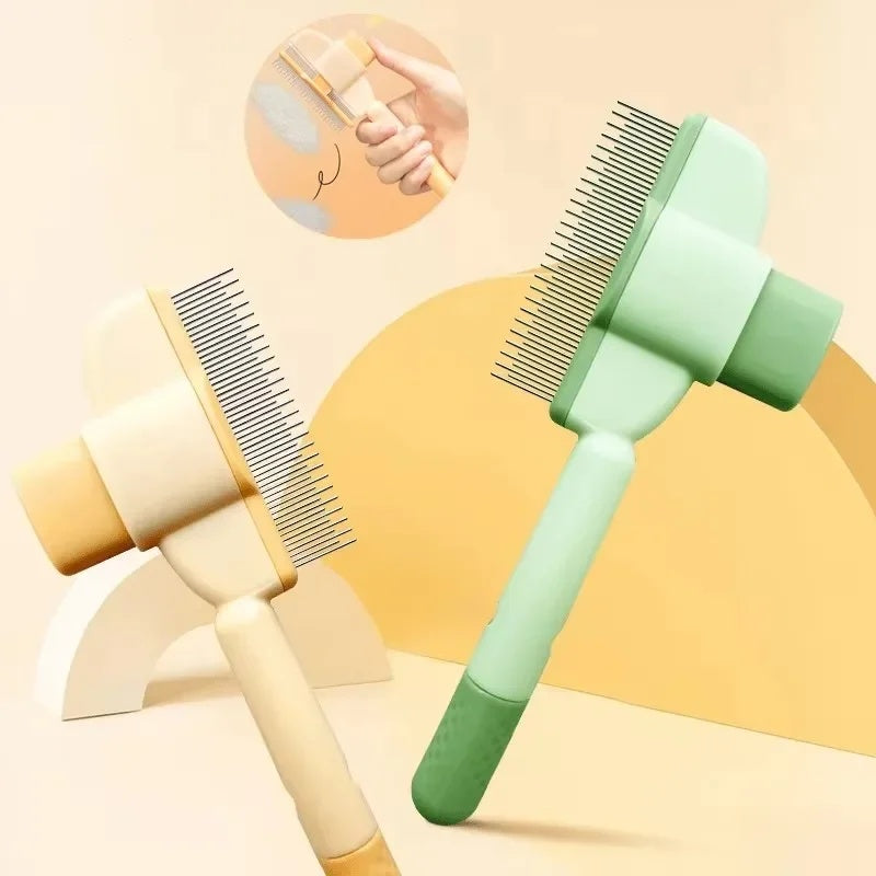 Pet grooming brush with one-click hair release mechanism in hand