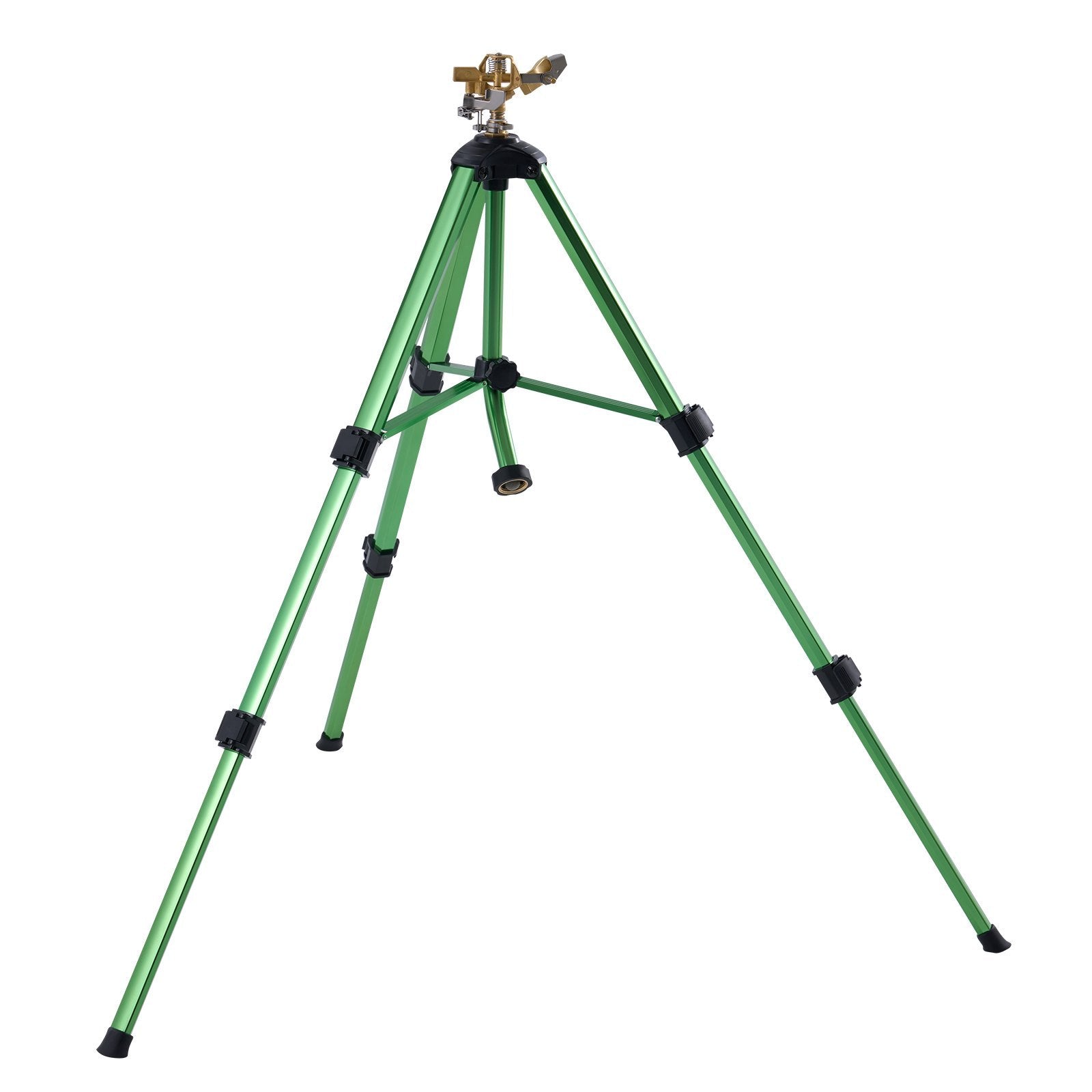 Green tripod with a brass sprinkler head on a white background