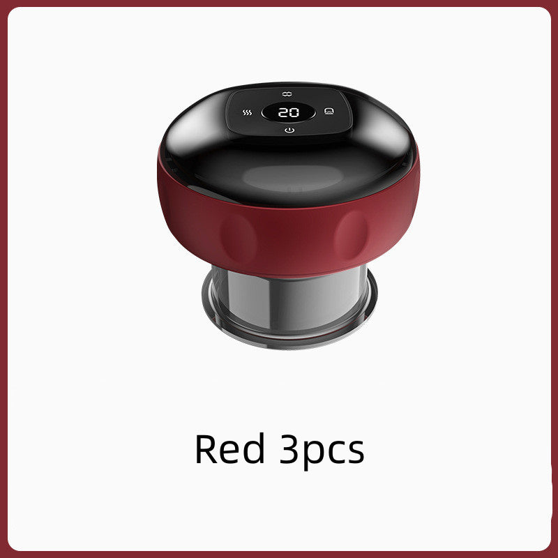 Red and black device with digital display on a white background