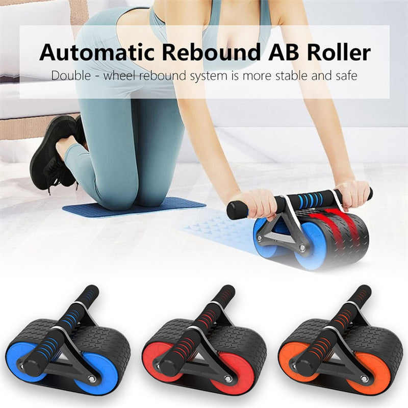 Double wheel ab roller with automatic rebound and knee pad for core and waist training.