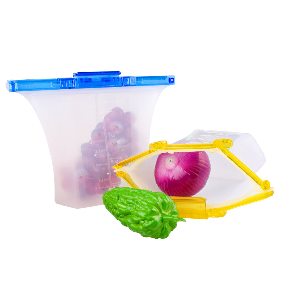 Reusable silicone food storage bags with colorful clips on a blue background; 10-pack colorful silicone food storage bags for refrigerator use