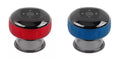 Two cylindrical electronic devices, one red and one blue, on a white background