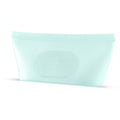 Silicone vacuum sealed food storage bag; Light blue pouch on a white background