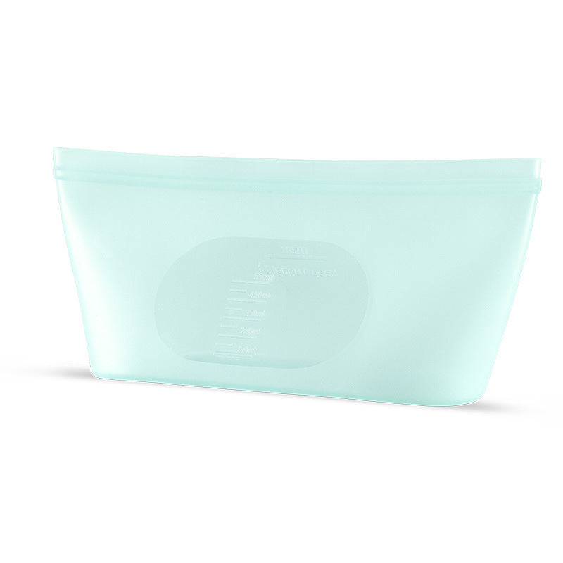 Silicone vacuum sealed food storage bag; Light blue pouch on a white background