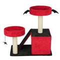 Red and black cat tree with two platforms and a scratching post on a white background