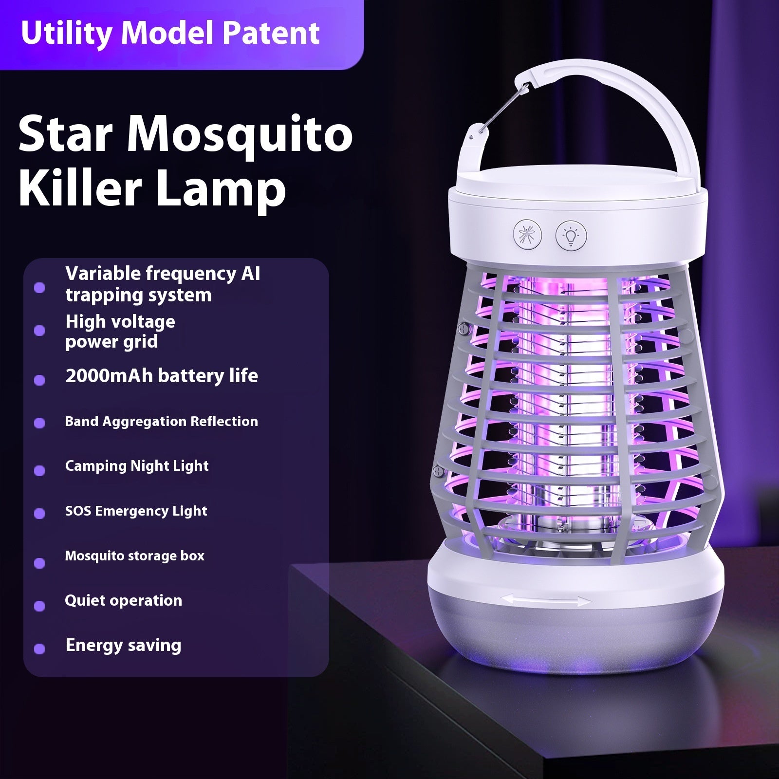 Star Mosquito Killer Lamp with features listed on a dark background
