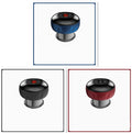 Three views of a black and blue electronic device on a white background