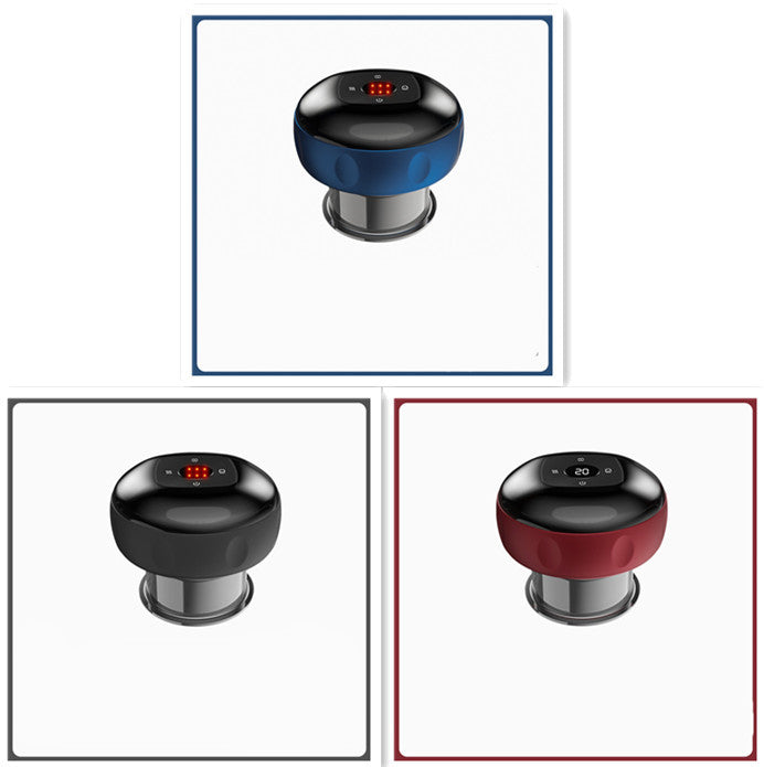 Three views of a black and blue electronic device on a white background