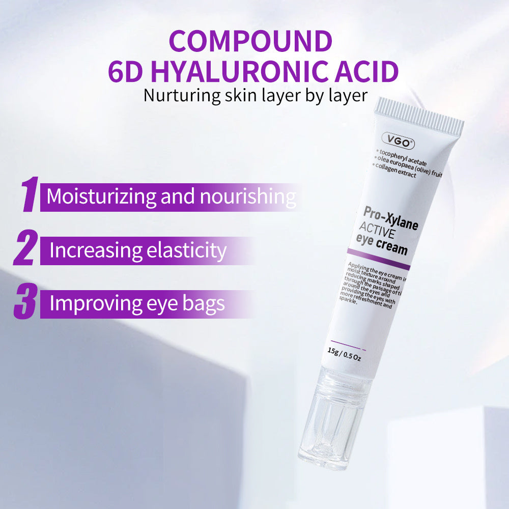 VGO Pro-Xylane Active eye cream tube with text about Compound 6D Hyaluronic Acid benefits on a light purple background