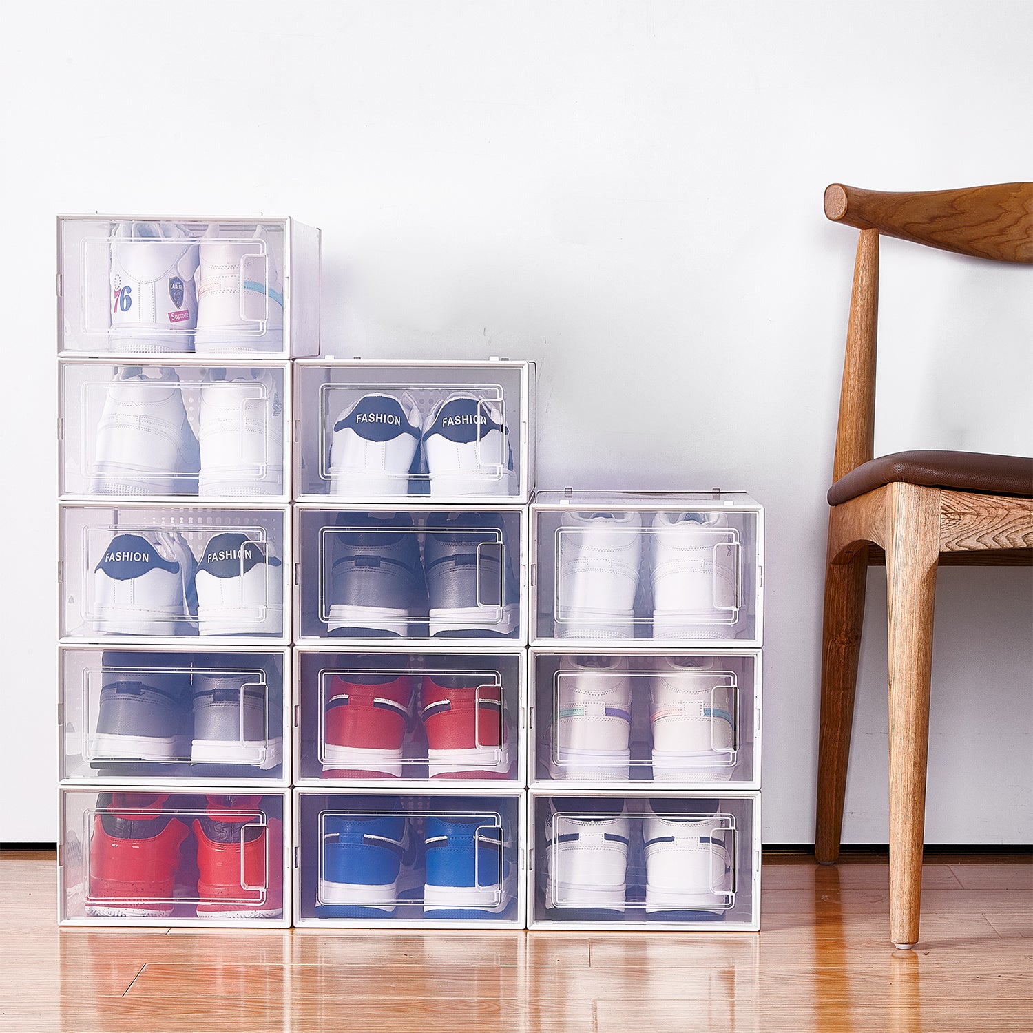 Set of stackable boxes displaying sneakers inside with clean visibility