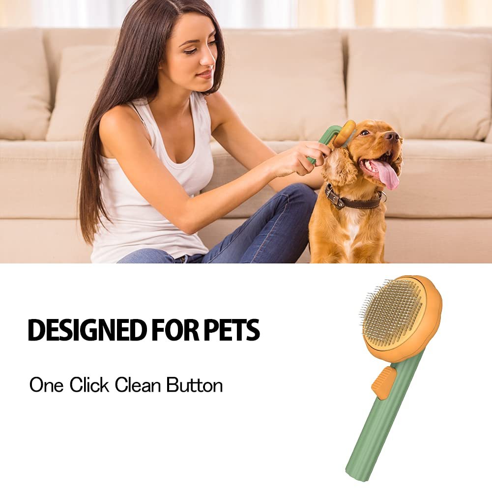 Woman grooming a dog with a pet grooming brush, followed by the grooming brush on a white background