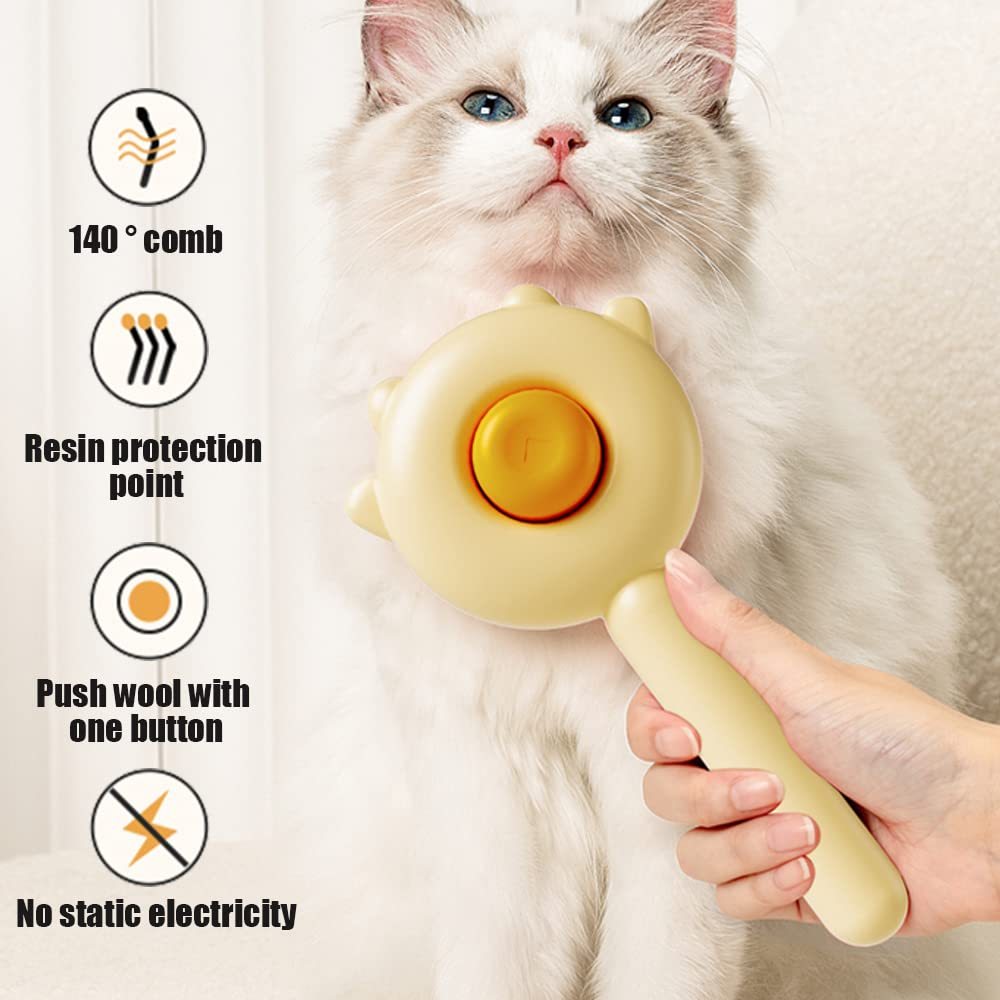 Cat being groomed with a pet grooming brush held by a hand, with features highlighted on the left