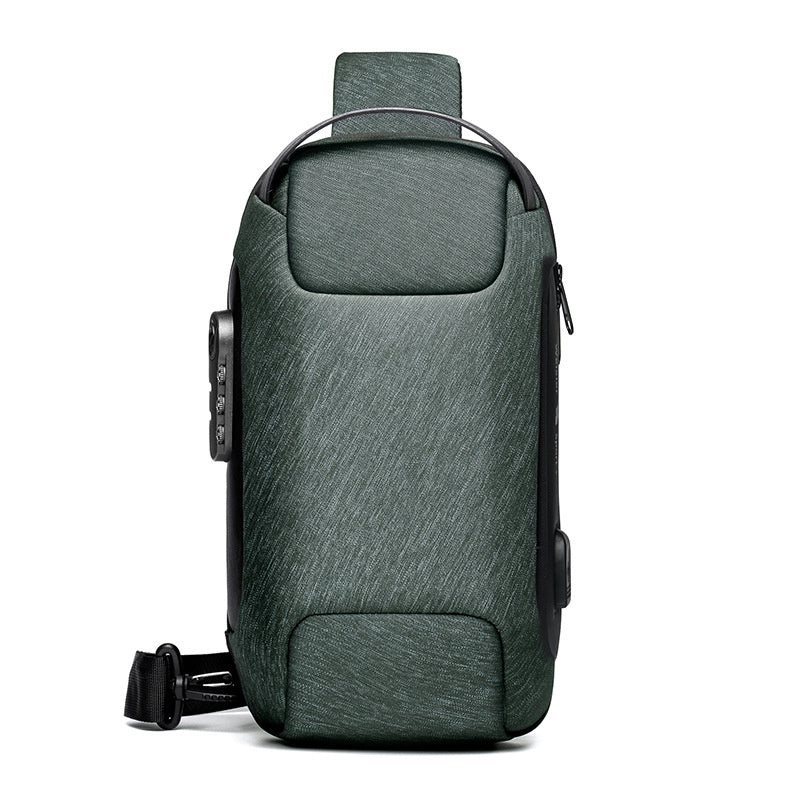 Green shoulder bag with USB ports on a white background; Men’s waterproof anti-theft USB shoulder sling bag in black Oxford cloth with single strap and multiple compartments for travel and daily use