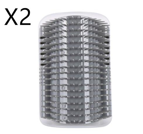 Gray self cat grooming brush with clear handle on a white background with X2 indication