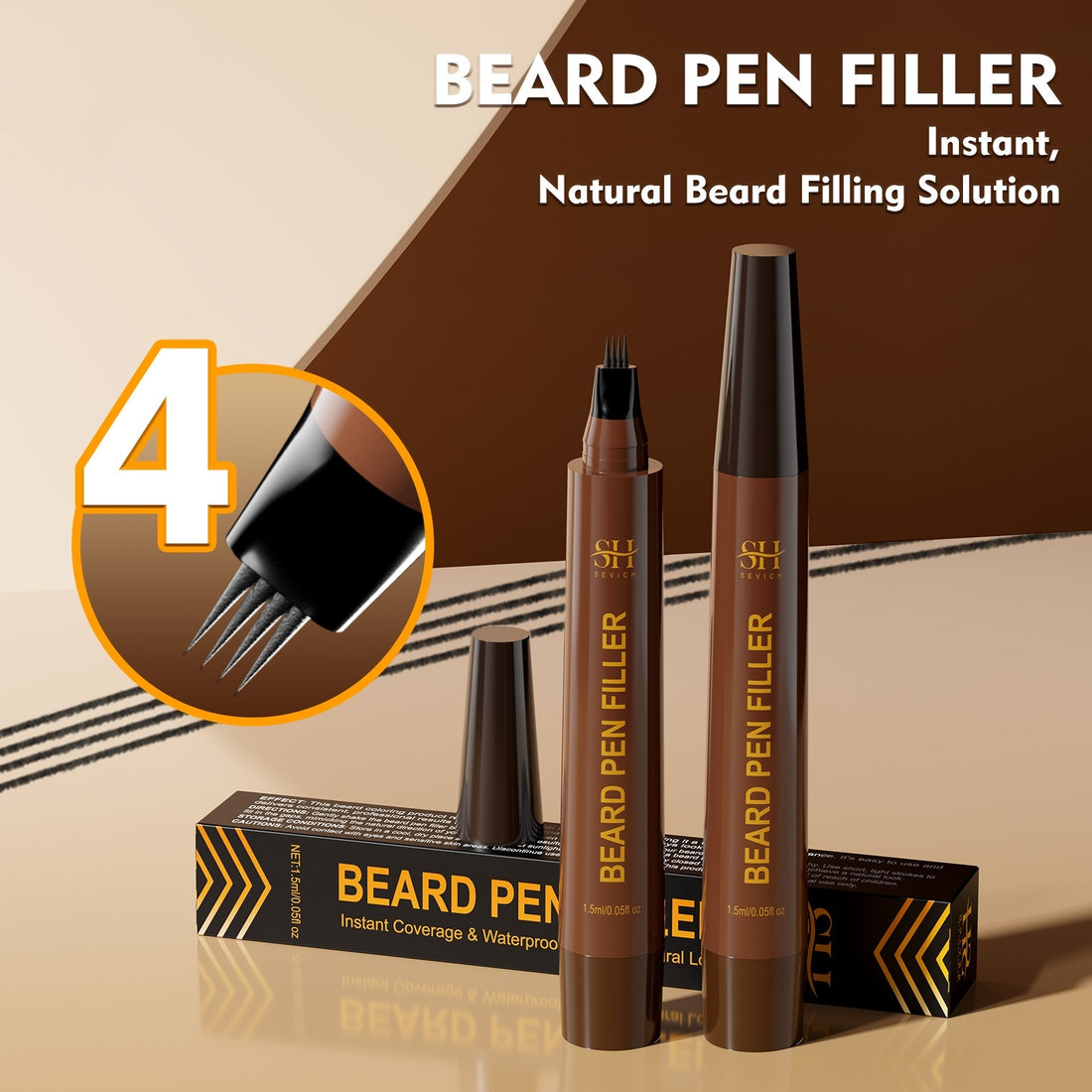 Beard pen filler with packaging on a beige background