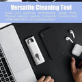 Cleaning tool for electronic devices on a desk with text about its versatility.