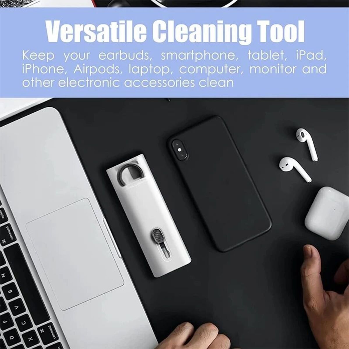 Cleaning tool for electronic devices on a desk with text about its versatility.