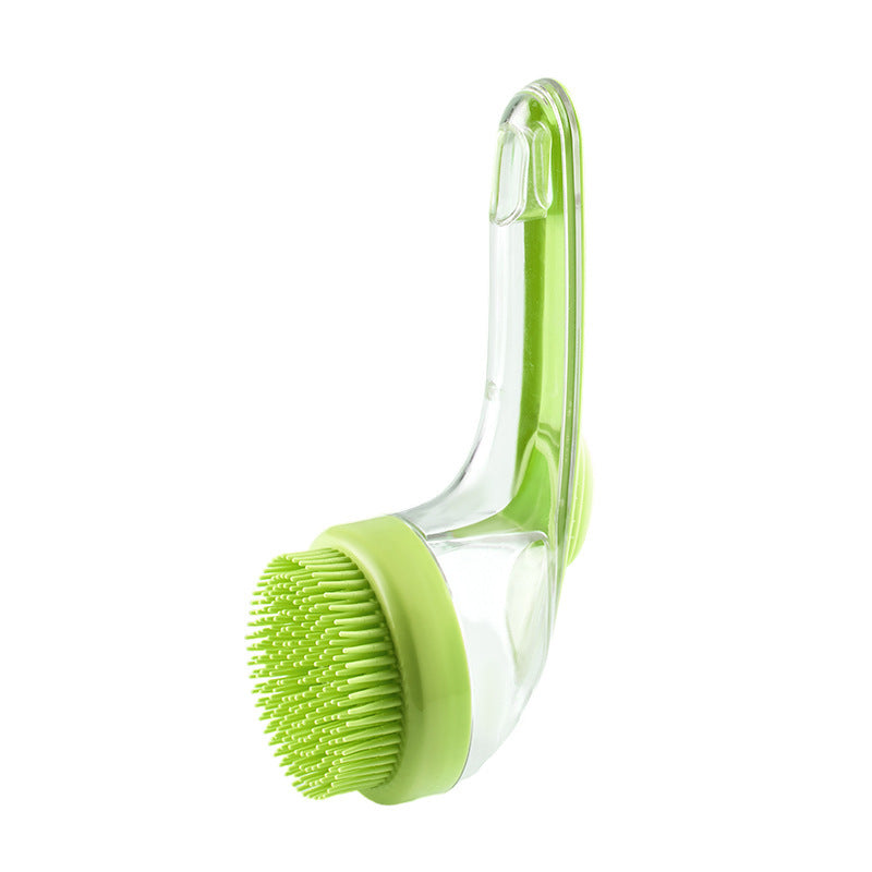 Long handle green pet bath brush with clear handle on a white background