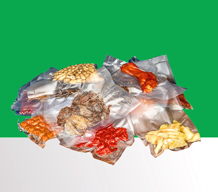 Assorted dried fruits and nuts in clear packaging on a green and white background; Vacuum sealer rolls for meat, vegetables, and dry goods