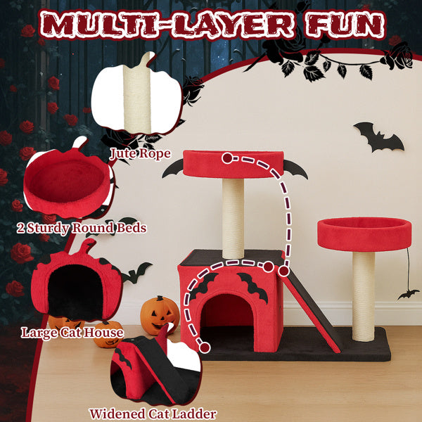 Cat play structure with Halloween decorations on a dark background