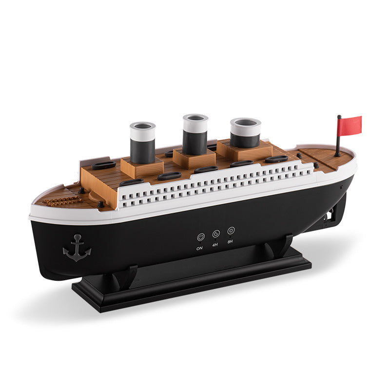Artistic side view of the retro ship diffuser in a dimly lit room on a white background.