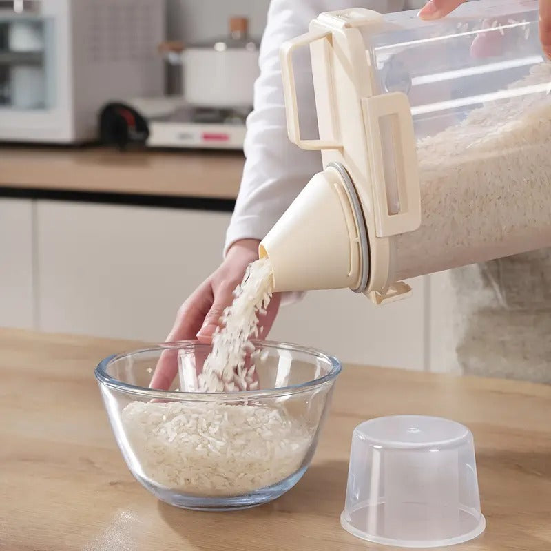 Person pouring rice from a container into a glass bowl on a kitchen counter