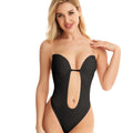 Woman wearing a black swimsuit with a cutout design on a white background; Seamless jacquard one-piece tube top bra in skin color with detachable shoulder straps, designed for comfort and minimizing bust appearance
