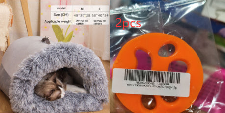 Portable pet nest bed for cats and dogs in gray color with a toy