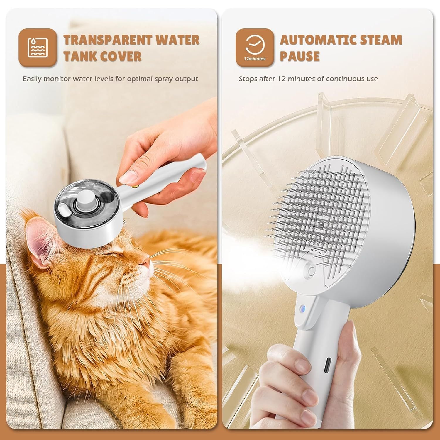 Pet grooming steam brush with transparent water tank cover and automatic steam pause feature, used on a cat