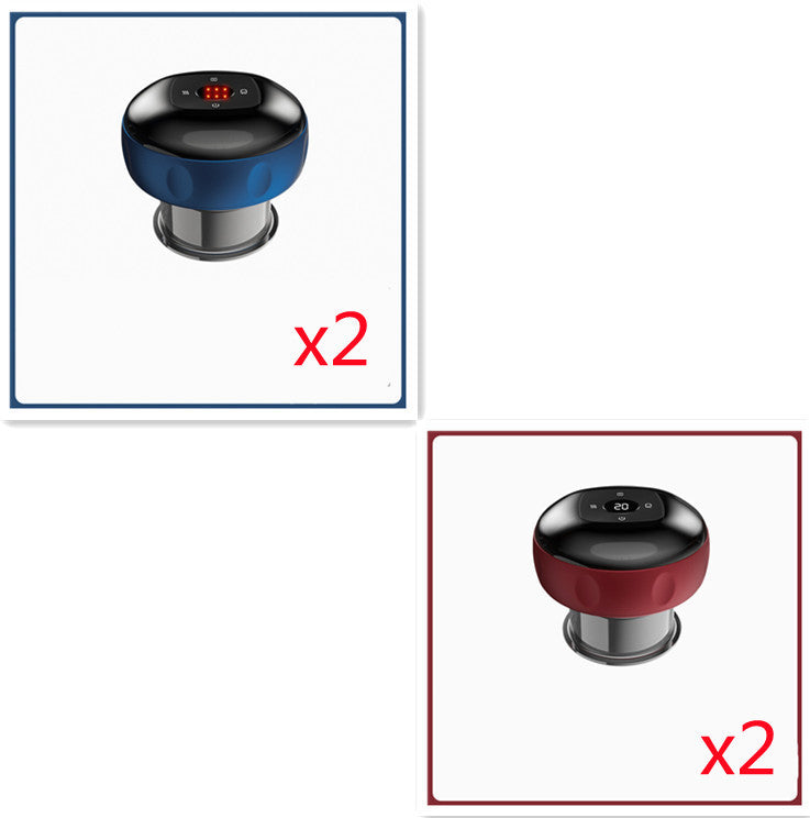 Two black and blue devices with digital displays, one on a white background and one on a red background