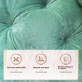 Green cushion with comfort features labelled on a white background; Ergonomic integrated office seat cushion with backrest in light gray viscose fabric