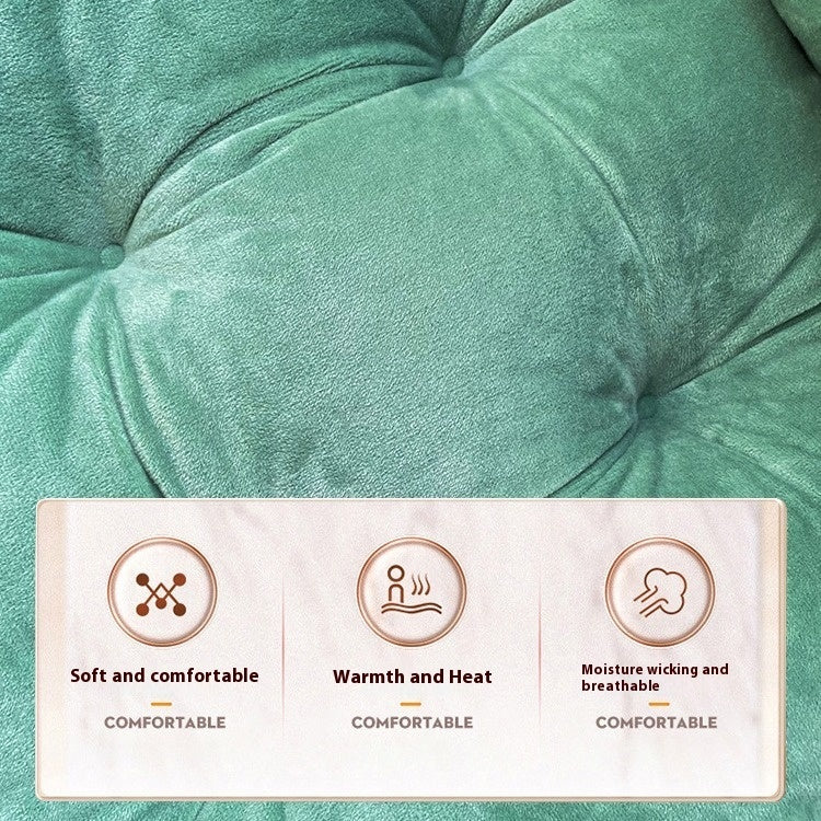 Green cushion with comfort features labelled on a white background; Ergonomic integrated office seat cushion with backrest in light gray viscose fabric