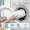 Person removing a dryer vent from a washing machine with icons and text indicating features; White polyester mesh shoe washing laundry bag designed to protect shoes from deformation during machine washing