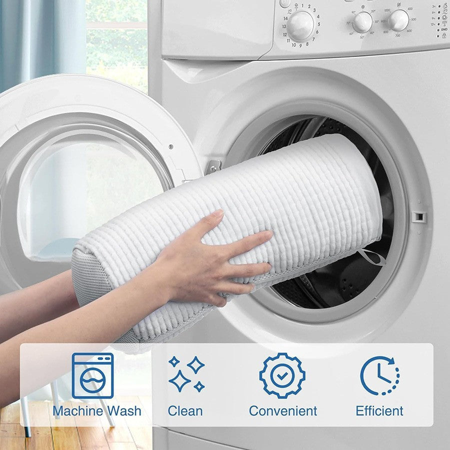 Person removing a dryer vent from a washing machine with icons and text indicating features; White polyester mesh shoe washing laundry bag designed to protect shoes from deformation during machine washing