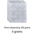 Sheet of round white labels with text indicating size and weight on a white background