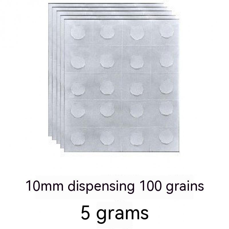 Sheet of round white labels with text indicating size and weight on a white background