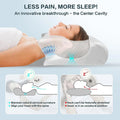 Person using a neck pillow with text 'Less Pain, More Sleep!' and diagrams showing its benefits