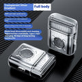 Transparent silver gradient electric shaver with features listed on a black background