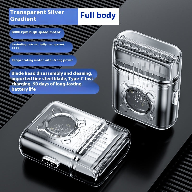 Transparent silver gradient electric shaver with features listed on a black background