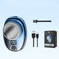 Side view of the digital travel shaver in blue silver gradient color