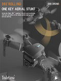 E88 Smart Camera Drone with text about aerial stunts and brand name Todetana on a dark background